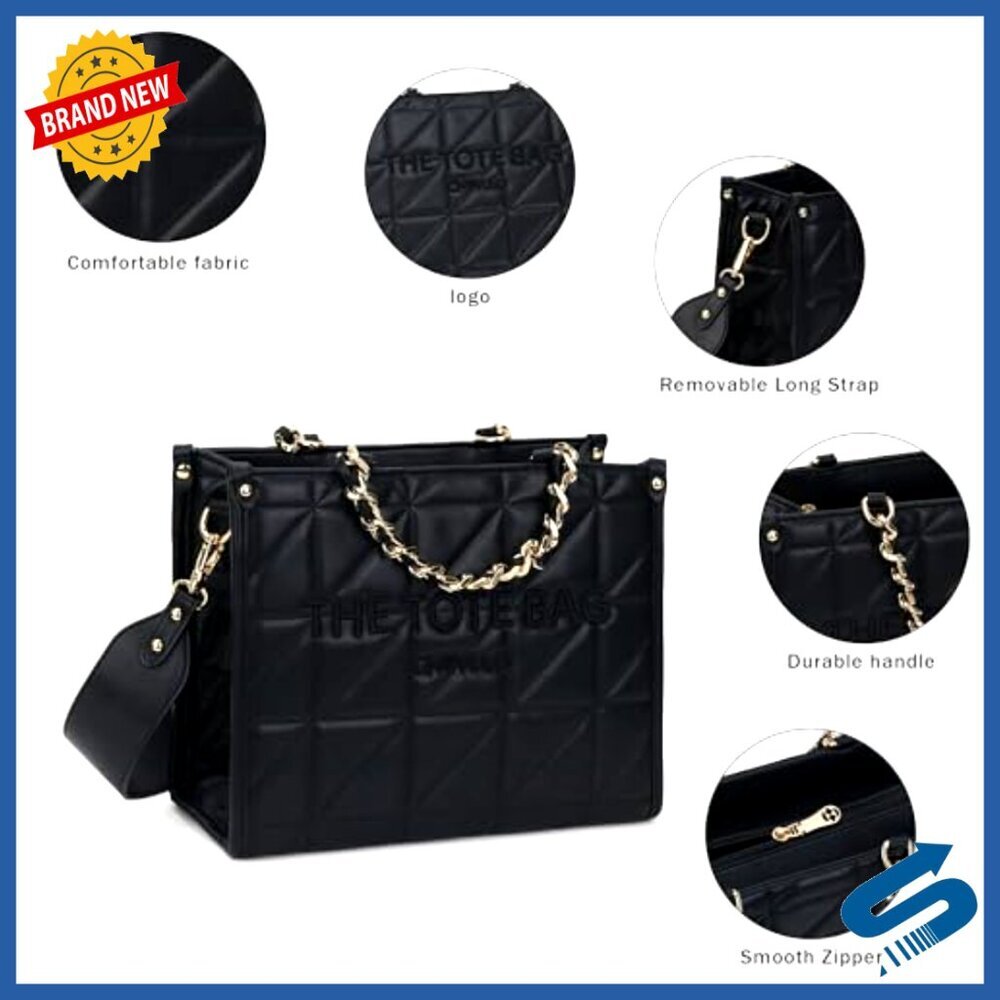 Quilted Tote Bag Elegant Retro Minimal Chic Top Handle Detachable Shoulder Strap - Picture 4 of 6